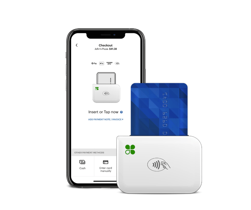 Clover Go 3rd Generation mobile card reader connected to smartphone iphone via bluetooth for tap, insert, and swipe payments, ideal for on-the-go transactions, Apple Pay, Google Pay