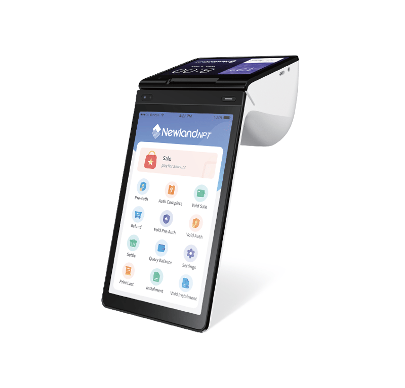 Newland X800 smart payment wireless terminal with touchscreen dual facing interface, showcasing advanced features for in-person sales and mobile merchant transactions