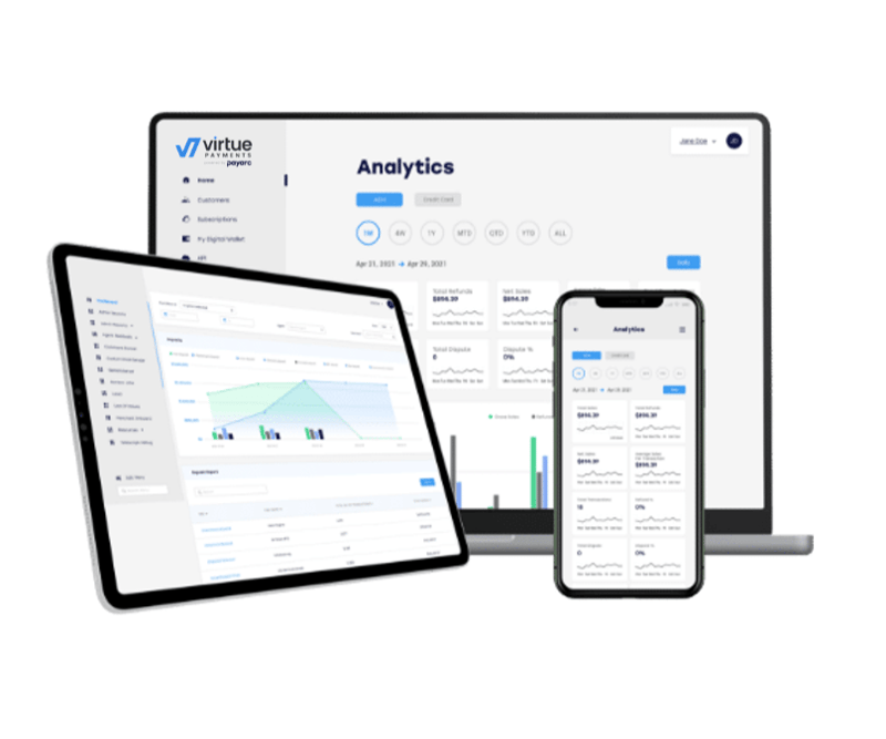 Leading payment processing technology showcasing Virtue Payments payarc analytics dashboard displayed on laptop, tablet, and mobile device, illustrating virtual terminal access and real-time reporting.